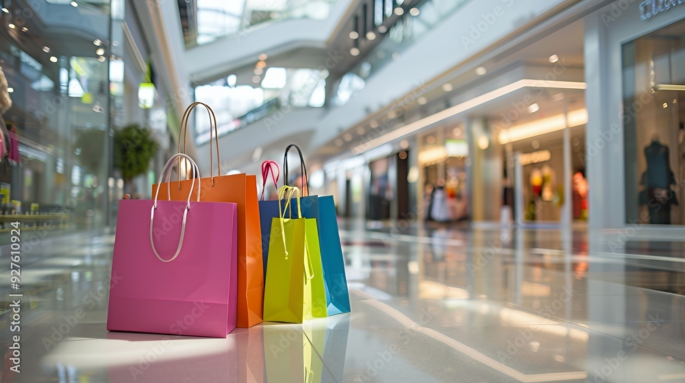 Wall mural Colorful shopping bags on a glossy floor in a modern shopping mall.