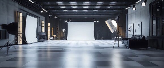 Empty photo studio with white backdrop and lighting equipment.