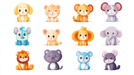 Cute cartoon animal characters in playful arrangements showcasing lions, elephants, mice, and bears in bright colors