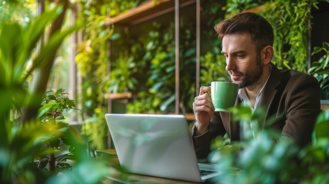 A businessman takes a sip of coffee while focused on his laptop in a green office environment - Powered by Adobe