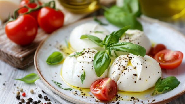 Mozzarella Buffala with Roquet, Basil, and Tomatoes