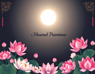 a vector banner of sharad purnima a full moon and lotus flowers with indian motifs in  background