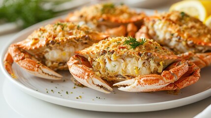 A close-up of stuffed blue crabs on a simple white plate, emphasizing the crisp crust and moist filling, ready to be served with lemon and herbs.
