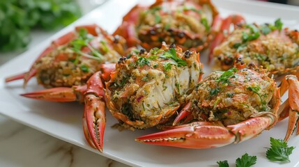 A close-up view of stuffed blue crabs, neatly arranged on a white plate, showcasing the vibrant colors and textures of the seafood, garnished with fresh herbs.