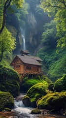 AI generator image of Country Resort style wooden house on the top of a mountain with a view of waterfalls and rocks, beautiful landscape