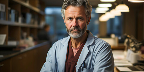 A mature doctor with a serious expression stands in a well-lit hospital hallway, wearing a lab coat and scrubs perfect for medical, healthcare, and hospital-related promotional materials,