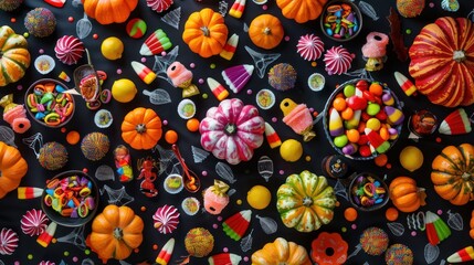 Fototapeta premium An aerial view of a Halloween candy pattern on a festive tablecloth.