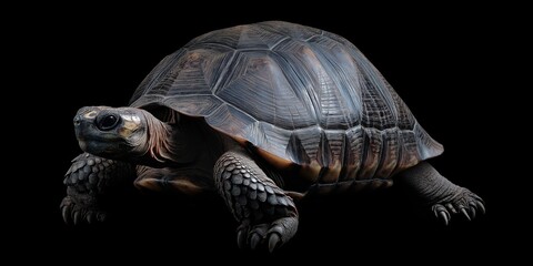 Obraz premium Photo of a tortoise isolated against a black background, emphasising the tortoise's majestic features. Wildlife and conservation concept, space for copy.