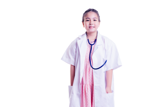 Young girl smiles while wearing a white lab coat and stethoscope, embodying the role of a doctor. ideal for concepts related to childhood dreams, healthcare, education