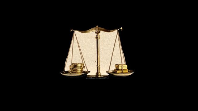 scales with gold bars and gold coins on it isolated