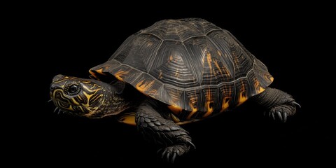 Obraz premium Photo of a tortoise isolated against a black background, emphasising the tortoise's majestic features. Wildlife and conservation concept, space for copy.
