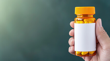 A hand holding a prescription bottle filled with yellow pills against a blurred background, symbolizing medication and health.