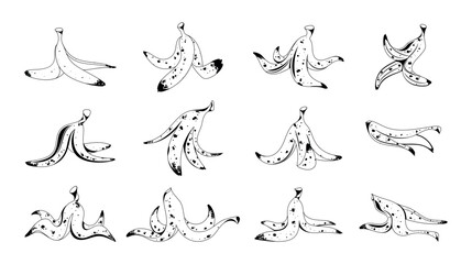 Various Banana Peels In Black And White Sketch. Outline Vector Illustrations Or Icons Perfect For Concepts Like Humor