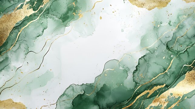 Abstract green and gold watercolor background with marble effect.