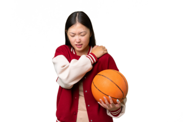 Young basketball player asian woman over isolated background suffering from pain in shoulder for having made an effort