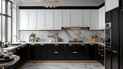 Modern black and white kitchen with marble countertops and gold accents.