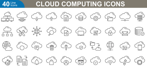 Cloud computing line icons set. Data, storage, services, networking, security, cyber, backup, server, computing, technology and more. vector illustration. 