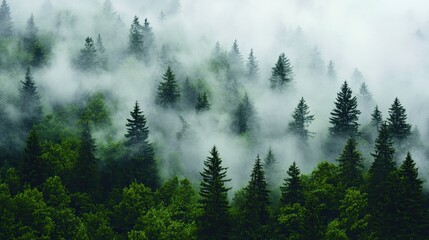 A green forest bathed in mist, with towering trees disappearing into the fog, creating a calm and enchanting atmosphere.