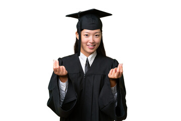 Young university graduate Asian woman over isolated background making money gesture