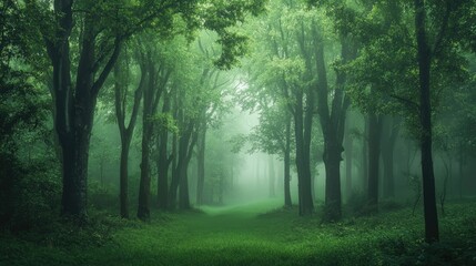 Fototapeta premium A green forest bathed in mist, with towering trees disappearing into the fog, creating a calm and enchanting atmosphere.