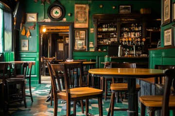 Empty classic Irish pub with green walls, wooden furniture, and traditional decor including shamrock symbols