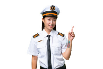 Airplane pilot Asian woman over isolated background showing and lifting a finger in sign of the best