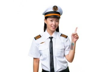 Airplane pilot Asian woman over isolated background showing and lifting a finger in sign of the best