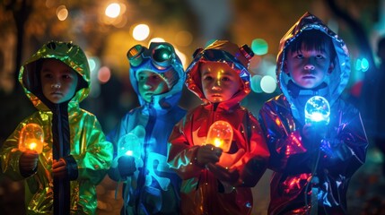 Children wearing reflective costumes and carrying flashlights for safety.