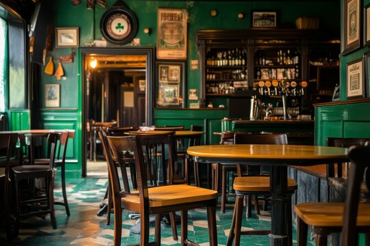 Empty classic Irish pub with green walls, wooden furniture, and traditional decor including shamrock symbols