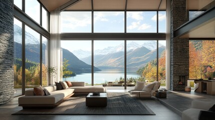 A large living room featuring expansive windows with an awe-inspiring view of mountains and a tranquil lake.