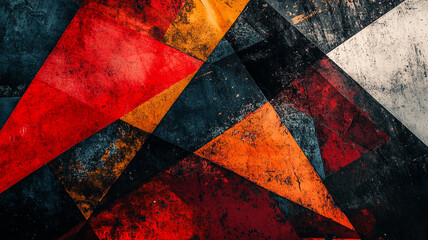 Abstract geometric pattern with bold red, orange, and black triangular shapes on a textured surface