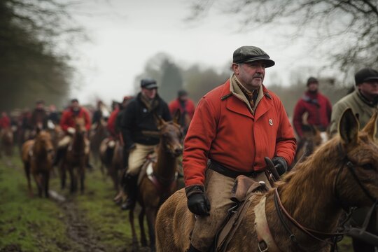 Elderly man in red coat and cap riding horse, leading group of hunters on horseback through misty field