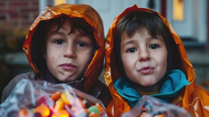 Kids enjoying Halloween chocolate candies from their trick-or-treat bags.