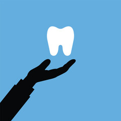 white tooth in hand like teeth protection icon. simple linear graphic trend modern design logotype element isolated on blue. concept of annual oral cleaning in