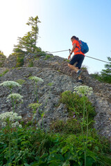 pretty senior woman hiking in warm dawn sunlight and enjoying the spectacular view over the Allgau...