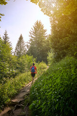 Fototapeta premium pretty senior woman hiking in warm dawn sunlight and enjoying the spectacular view over the Allgau alps on the Nagelfluh mountain chain near Oberstaufen, Bavaria, Germany