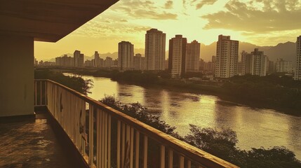 Obraz premium A panoramic city view with a river, seen from a balcony, combining urban beauty with natural serenity.