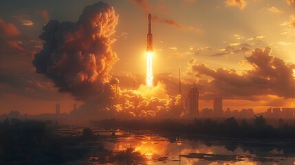 Fototapeta premium A rocket taking off with a massive trail of smoke, framed by a modern cityscape in the background, captured at dawn with soft light highlighting the rocket’s ascent,