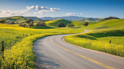 Naklejka premium A peaceful rural scene with a road curving through vibrant green fields and yellow wildflowers, set against a backdrop of blue sky and rolling hills.