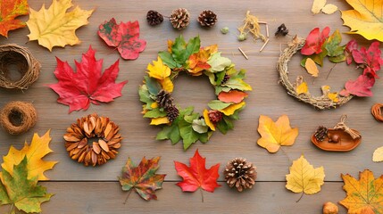 A creative autumn scene featuring a collection of handmade leaf crafts, such as leaf wreaths and garlands, displayed on a wooden table with scattered fall leaves and small autumn-themed decorations