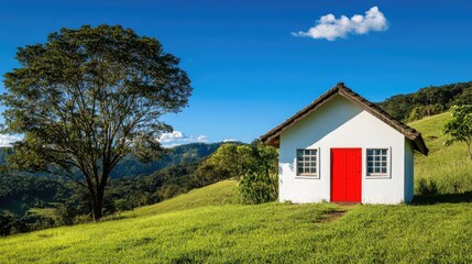 A picturesque small house with a red door on a lush hillside, capturing the idyllic countryside setting under a clear blue sky.