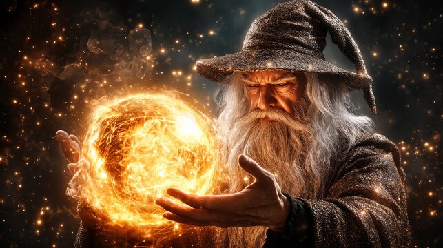 Mystical wizard conjuring a glowing magical orb, casting spells amidst sparks and smoke in a dark fantasy setting.