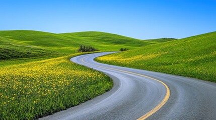 Fototapeta premium A picturesque winding road cutting through a lush green field dotted with yellow flowers, leading the eye into the distance under a clear blue sky.