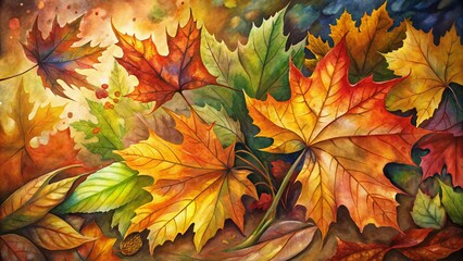 Fototapeta premium Art autumn leaves, colored pencils and gouache, autumn light, vibrant and detailed, rich hues, natural scenery