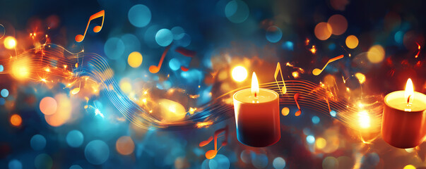 A vibrant digital artwork featuring glowing musical notes and candlelight amidst a colorful bokeh background, evoking a warm, festive ambiance.
