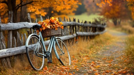 Fototapeta premium A nostalgic autumn composition of a vintage bicycle with a basket full of freshly gathered autumn leaves, leaning against a rustic wooden fence, with a background of a quaint countryside in fall color