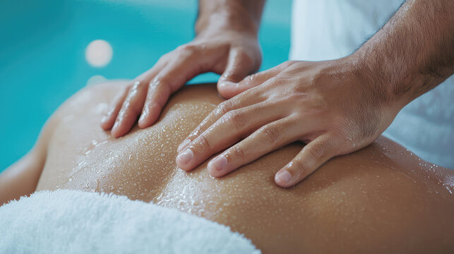 Relaxing massage therapy session, showcasing skilled hands relieving tension on a wet back in a tranquil environment.
