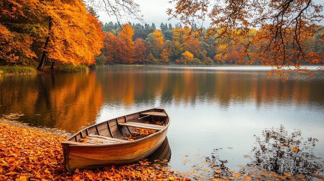 A picturesque autumn composition of a serene lake with a wooden rowboat floating on the water, surrounded by a colorful canopy of trees and a blanket of fallen leaves on the lake's edge