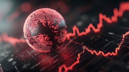 Futuristic stock market and economic data visualization with a red globe and fluctuating graph lines in the background.