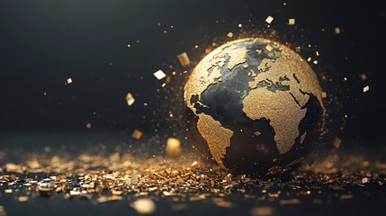 Golden globe with shimmering particles, representing luxury and global unity. Perfect for worldwide business, finance, and earth-themed projects.